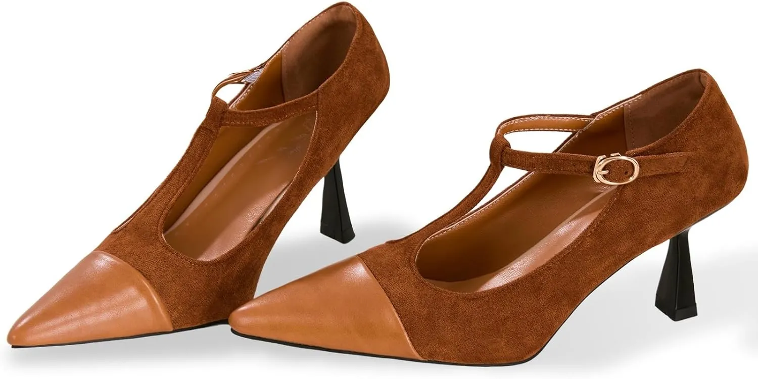 baobeijiadao Women’s Pointed Toe Pumps Mid Kitten Heel T-Strap Heels Ankle Buckle Dressy Wedding Office Shoes