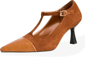 baobeijiadao Women’s Pointed Toe Pumps Mid Kitten Heel T-Strap Heels Ankle Buckle Dressy Wedding Office Shoes