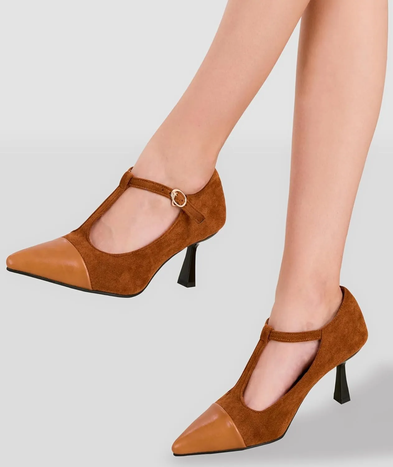 baobeijiadao Women’s Pointed Toe Pumps Mid Kitten Heel T-Strap Heels Ankle Buckle Dressy Wedding Office Shoes