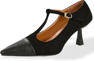 baobeijiadao Women’s Pointed Toe Pumps Mid Kitten Heel T-Strap Heels Ankle Buckle Dressy Wedding Office Shoes