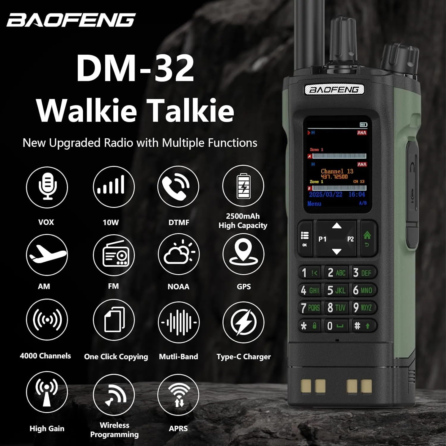 BAOFENG DM32 DMR Radio 10W High Power Radio GPS/APRS Two Way Raido USB-C Charging Multi-Band FM/AM Wakkie Talkie DM-32 with Gooseneck Antenna (Green)