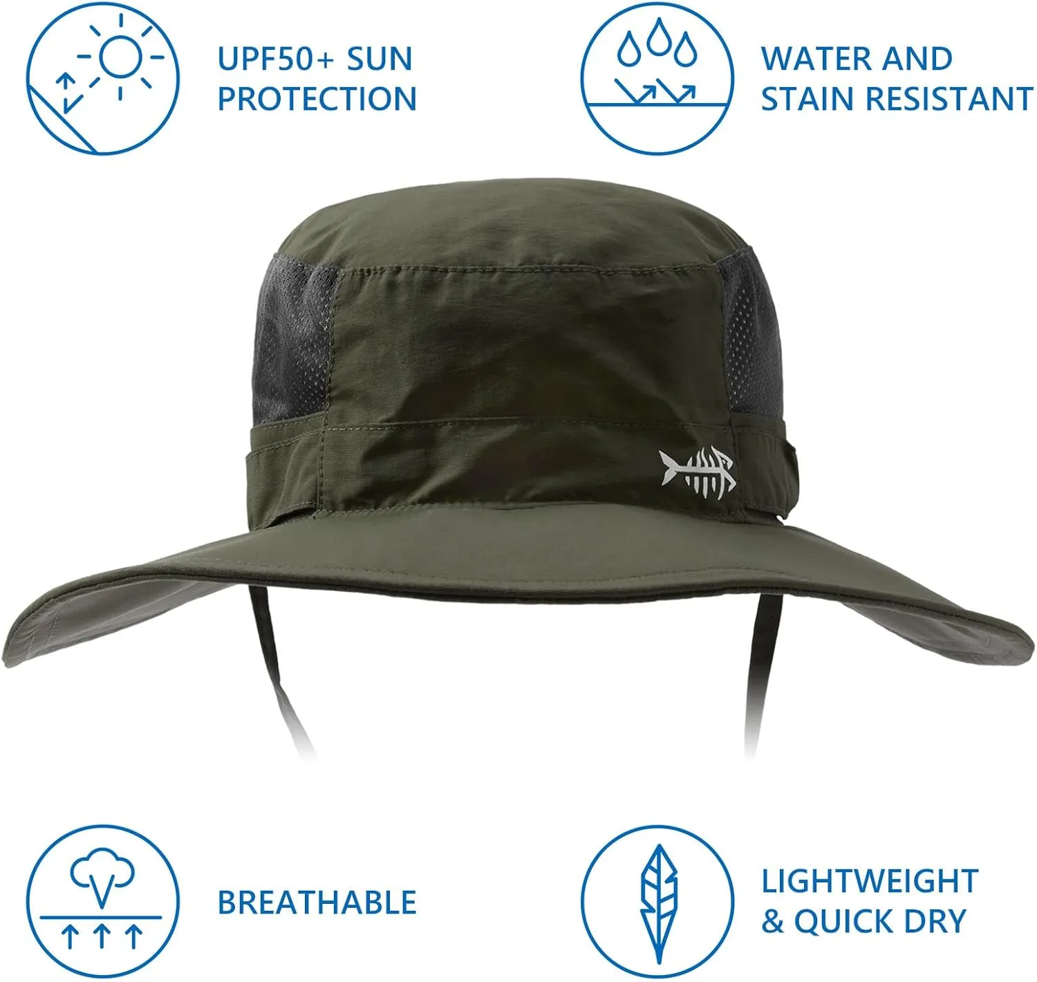 BASSDASH UPF 50  Fishing Sun Hat Water Resistant Unisex Wide Brim Bucket Boonie Hat for Hiking Camping Safari FH15