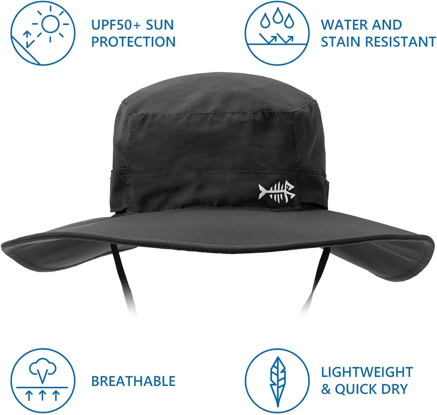 BASSDASH UPF 50  Fishing Sun Hat Water Resistant Unisex Wide Brim Bucket Boonie Hat for Hiking Camping Safari FH15