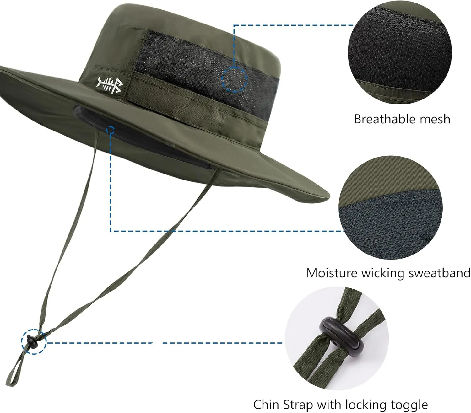 BASSDASH UPF 50  Fishing Sun Hat Water Resistant Unisex Wide Brim Bucket Boonie Hat for Hiking Camping Safari FH15