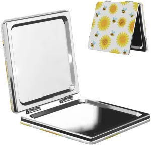 Bee and Sunflowers Yellow Small Makeup Mirror Portable Travel Cosmetic Mirror Folding Small Pocket Mirror
