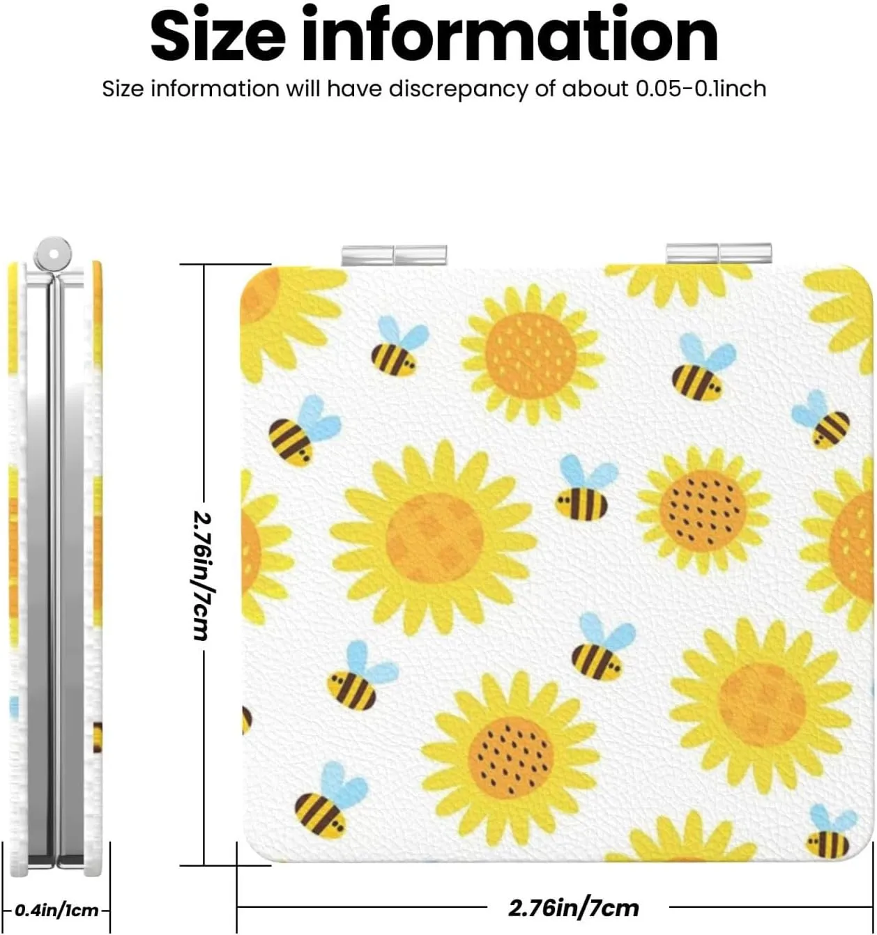 Bee and Sunflowers Yellow Small Makeup Mirror Portable Travel Cosmetic Mirror Folding Small Pocket Mirror