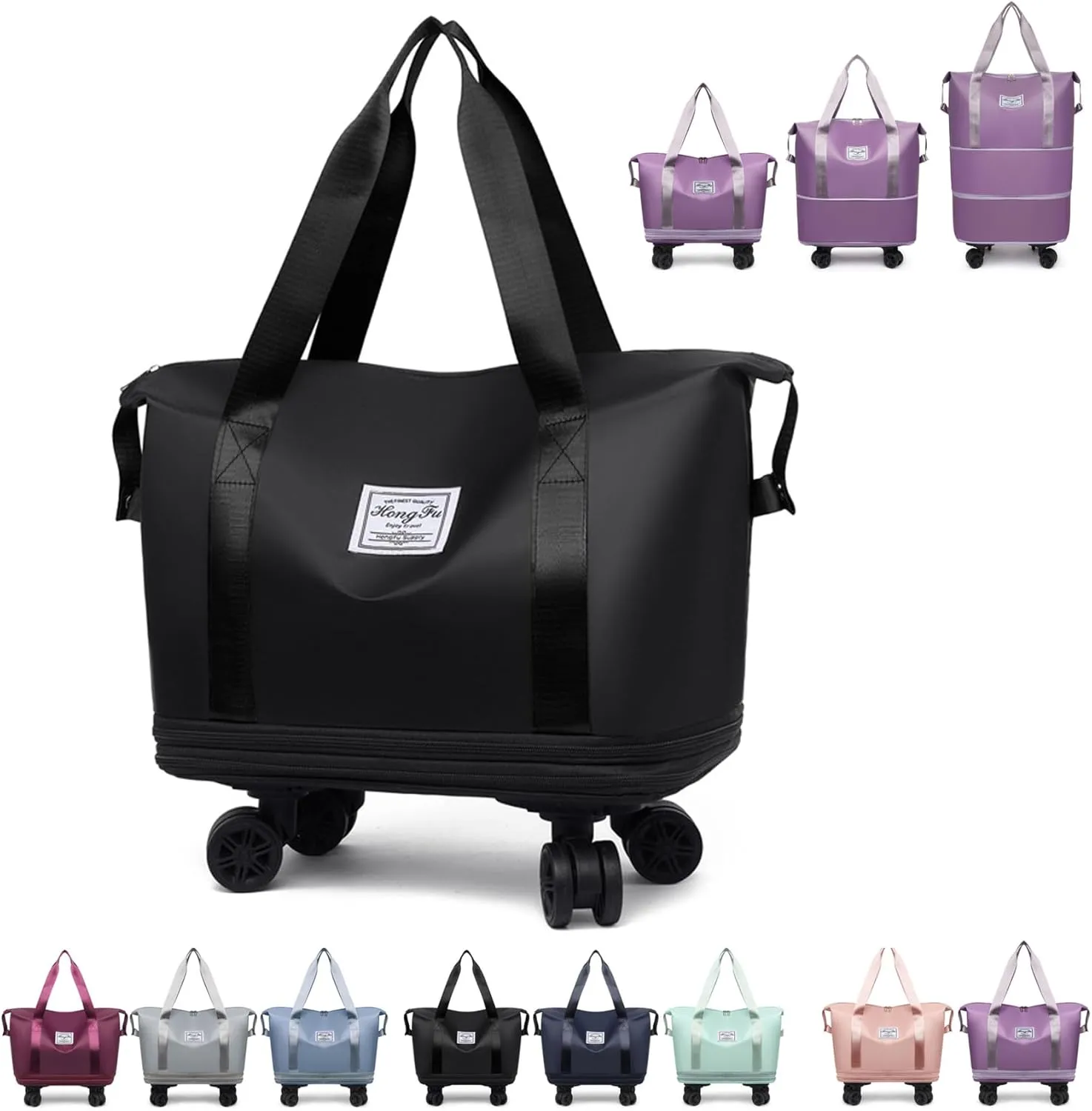 Beente Travel Bag with Wheels, Kulken Travel Bag with Removable Wheels, Universal Wheel Removable, Expandable Foldable (Black)