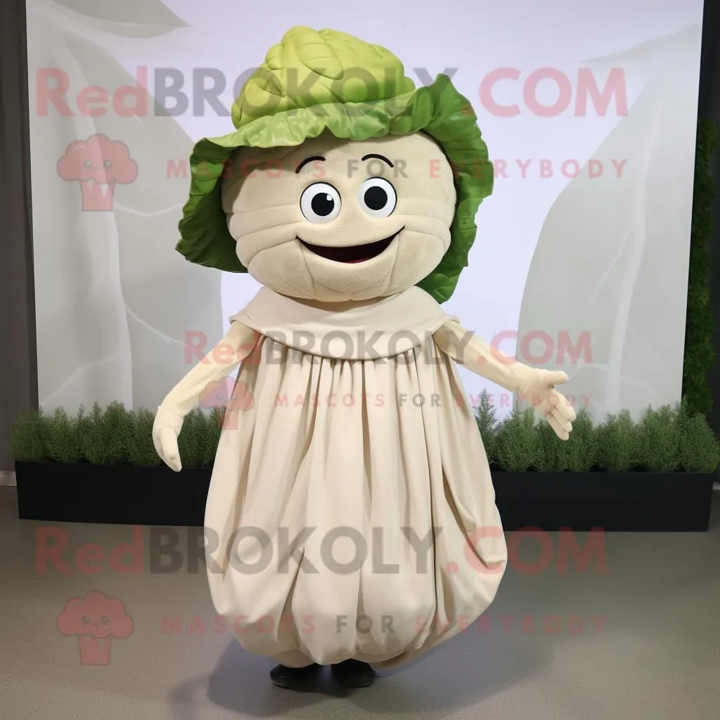 Beige Cabbage mascot costume character dressed with a Circle Skirt and Beanies, Large