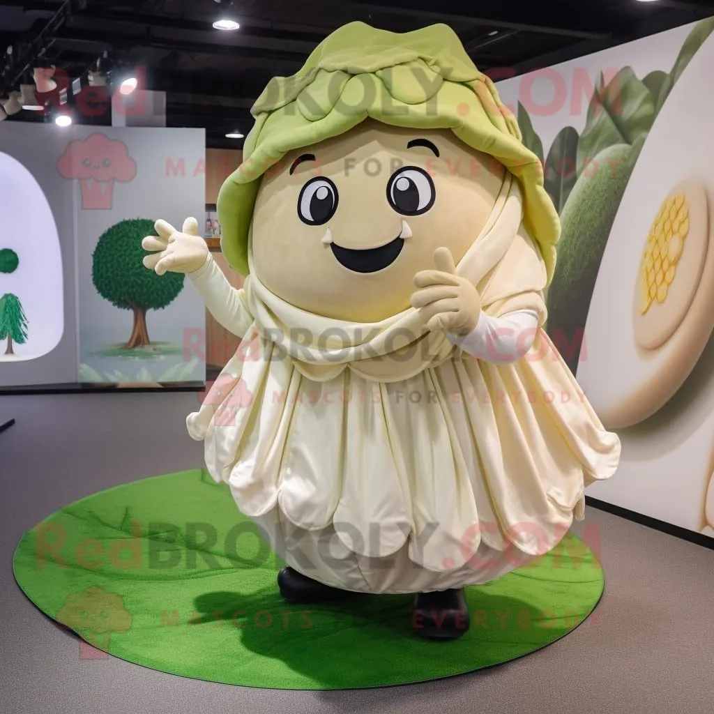 Beige Cabbage mascot costume character dressed with a Circle Skirt and Beanies, Large