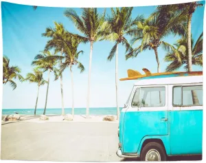 BELECO 7x5ft Fabric Tropical Beach Backdrop Vintage Car in Beach with Surfboard Surfing Backdrop Summer Hawaii Surf Photography Backdrop for Luau Party Decoration Birthday Photoshoot Photo Props