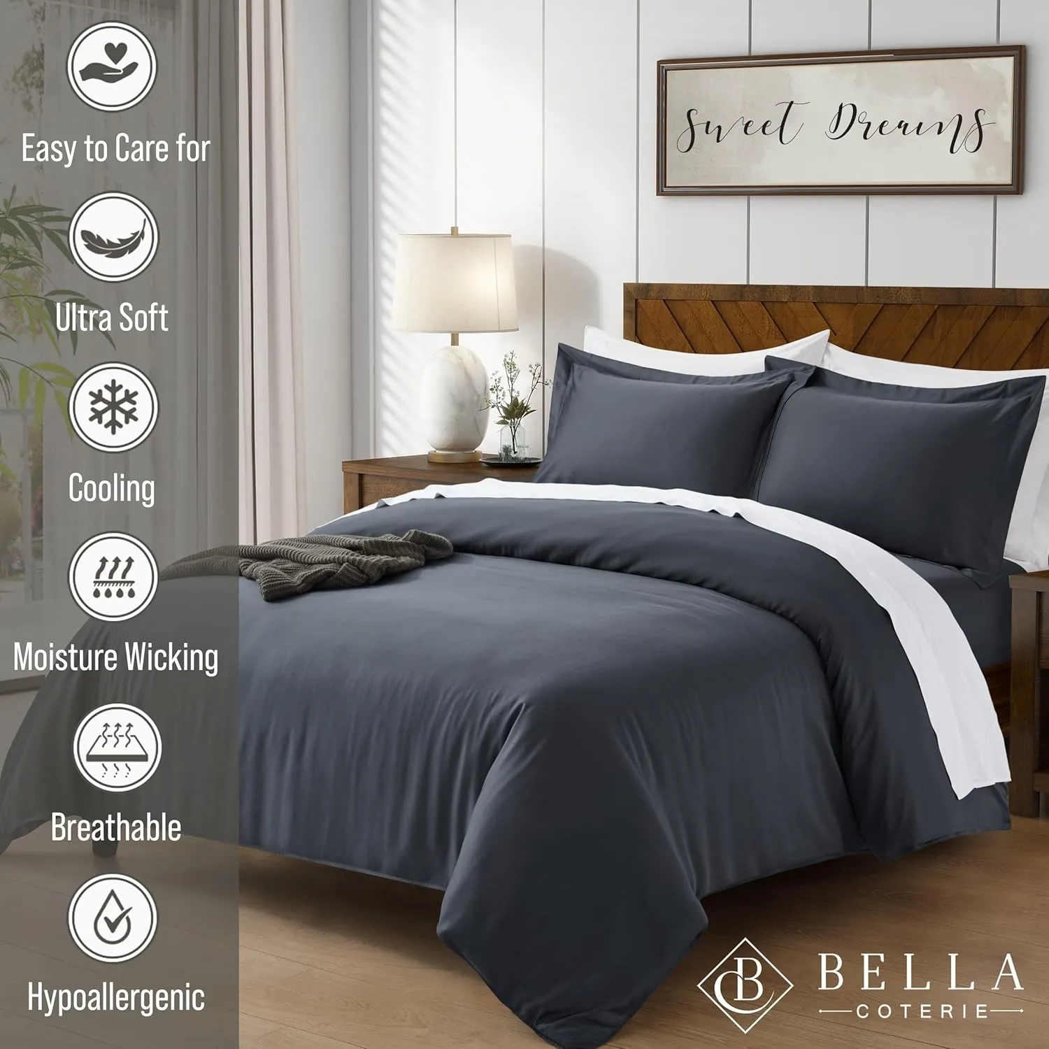 Bella Coterie Luxury Bamboo Viscose King Size Duvet Cover Set | 100% Organically Grown | Corner Ties | Ultra Soft | Cooling | Two Pillow Shams | 106 x 94 | No Insert [Charcoal Grey]