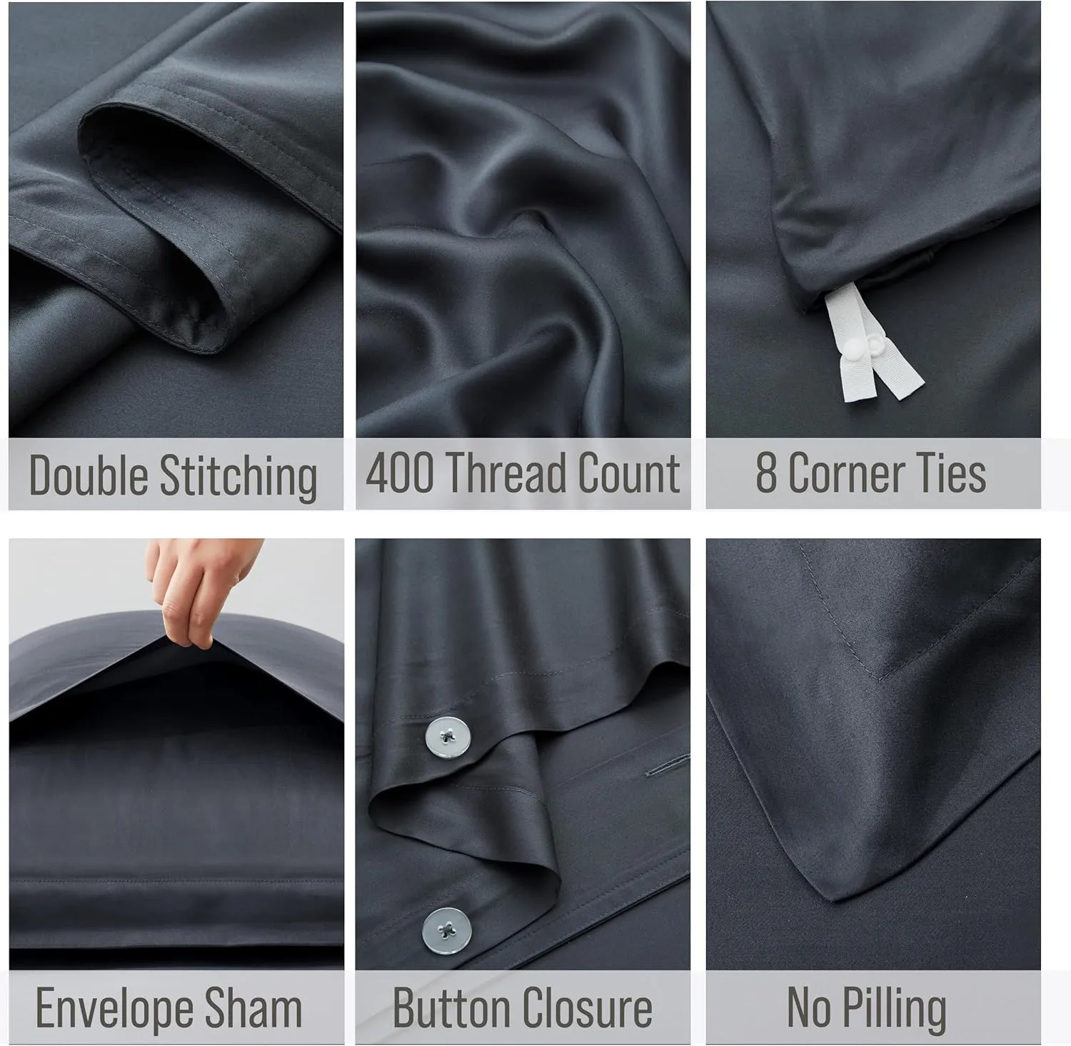 Bella Coterie Luxury Bamboo Viscose King Size Duvet Cover Set | 100% Organically Grown | Corner Ties | Ultra Soft | Cooling | Two Pillow Shams | 106 x 94 | No Insert [Charcoal Grey]