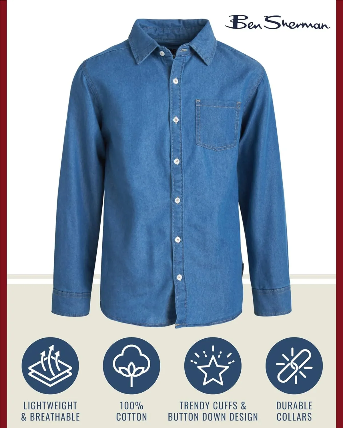 Ben Sherman Boys' Shirt - Casual Long Sleeve Button Down Collared Shirt (Size: 8-18)