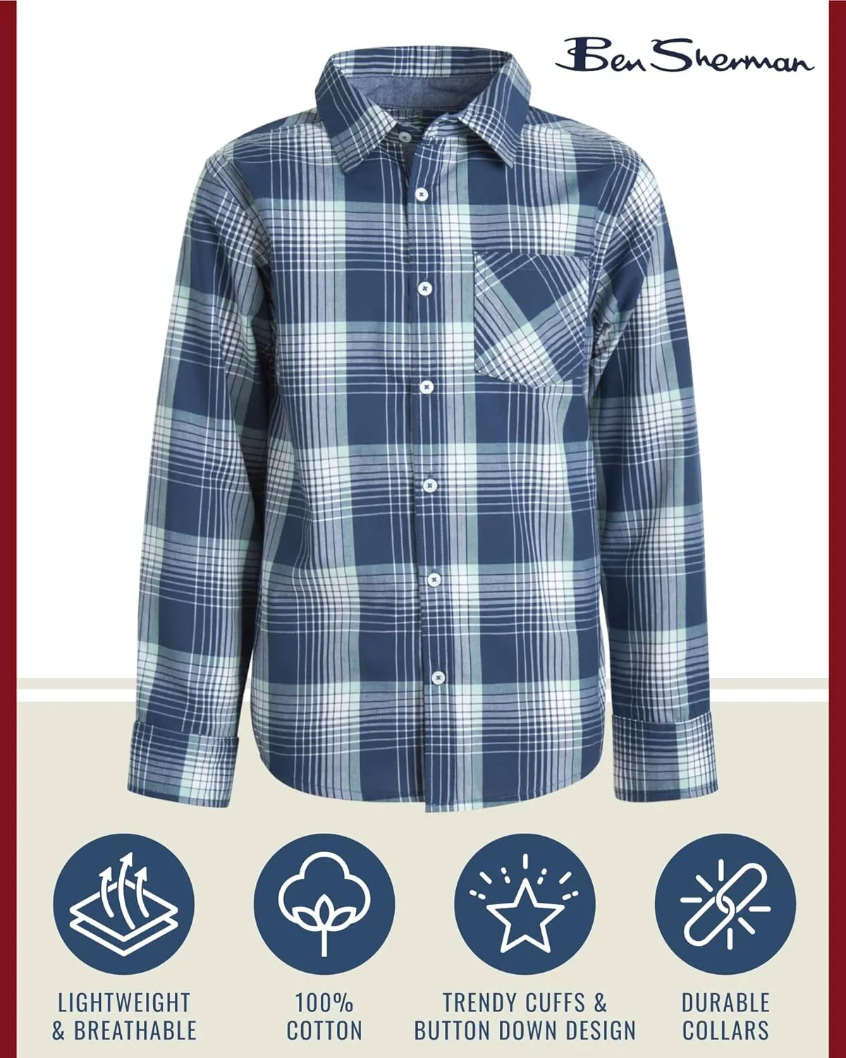 Ben Sherman Boys' Shirt - Casual Long Sleeve Button Down Collared Shirt (Size: 8-18)