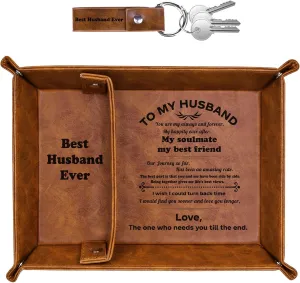 Best Husband Ever PU Leather Tray and Keychain, Men Anniversary Birthday Gifts Ideas for Him Husband Boyfriend Who Has Everything from Wife
