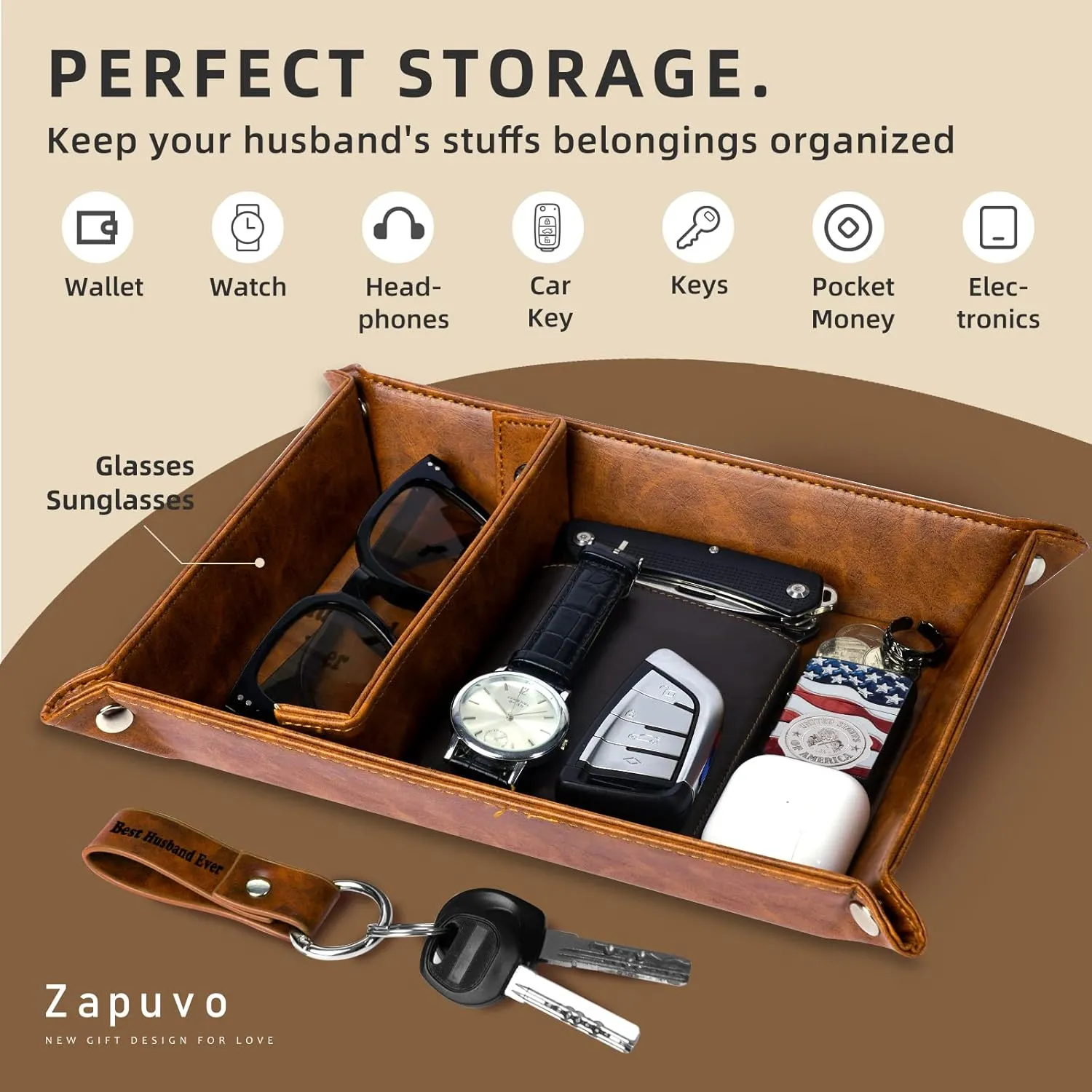 Best Husband Ever PU Leather Tray and Keychain, Men Anniversary Birthday Gifts Ideas for Him Husband Boyfriend Who Has Everything from Wife