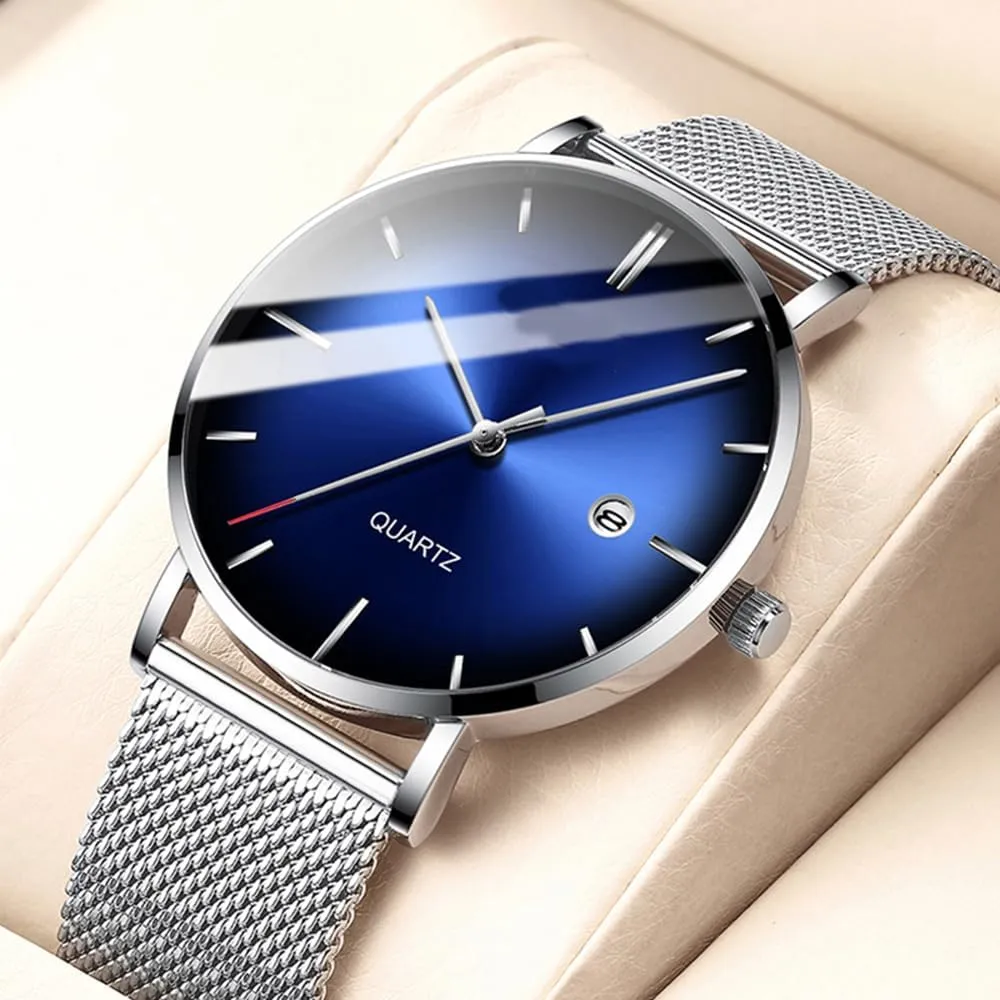 BESTKANG Men's Fashion Minimalist Wrist Watch Waterproof Watches Simple Ultra Thin Watches Analog Quartz Date with Stainless Steel Mesh Band