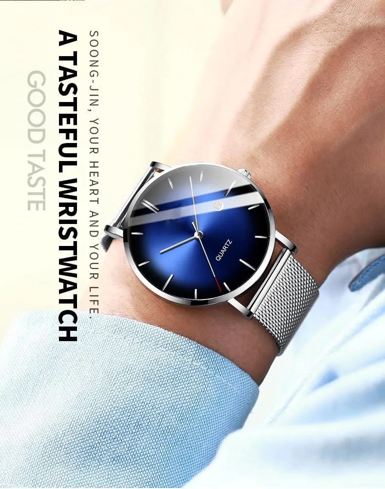 BESTKANG Men's Fashion Minimalist Wrist Watch Waterproof Watches Simple Ultra Thin Watches Analog Quartz Date with Stainless Steel Mesh Band
