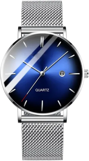 BESTKANG Men's Fashion Minimalist Wrist Watch Waterproof Watches Simple Ultra Thin Watches Analog Quartz Date with Stainless Steel Mesh Band