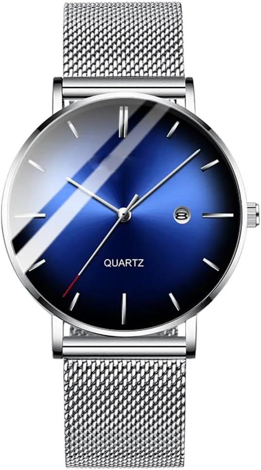 BESTKANG Men's Fashion Minimalist Wrist Watch Waterproof Watches Simple Ultra Thin Watches Analog Quartz Date with Stainless Steel Mesh Band