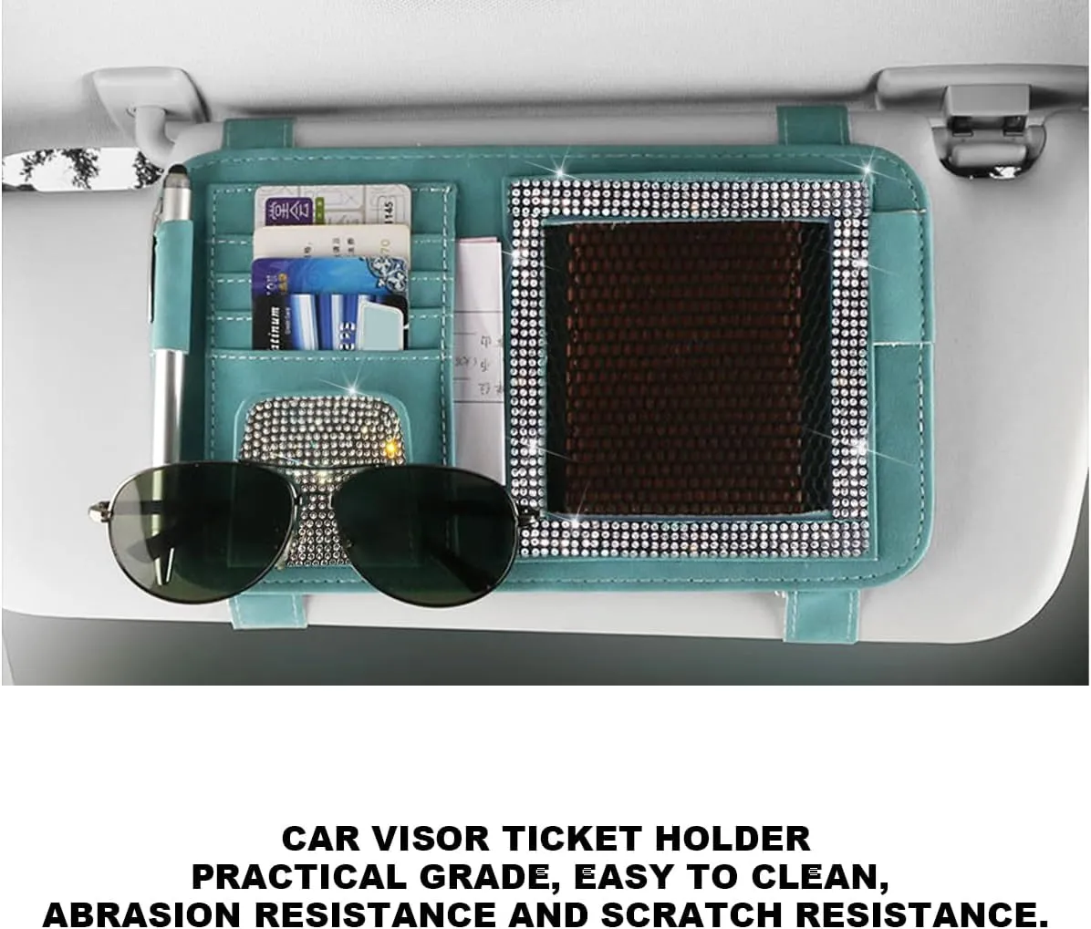 BESULEN Bling Car Sun Visor Organizer, Multi-Pocket Crystal Rhinestone Leather Vehicle Sunvisor Storage Pouch, Sparkling Diamond Auto Sunshade Eyeglasses Card Pen Holder, Universal Fit (Blue)
