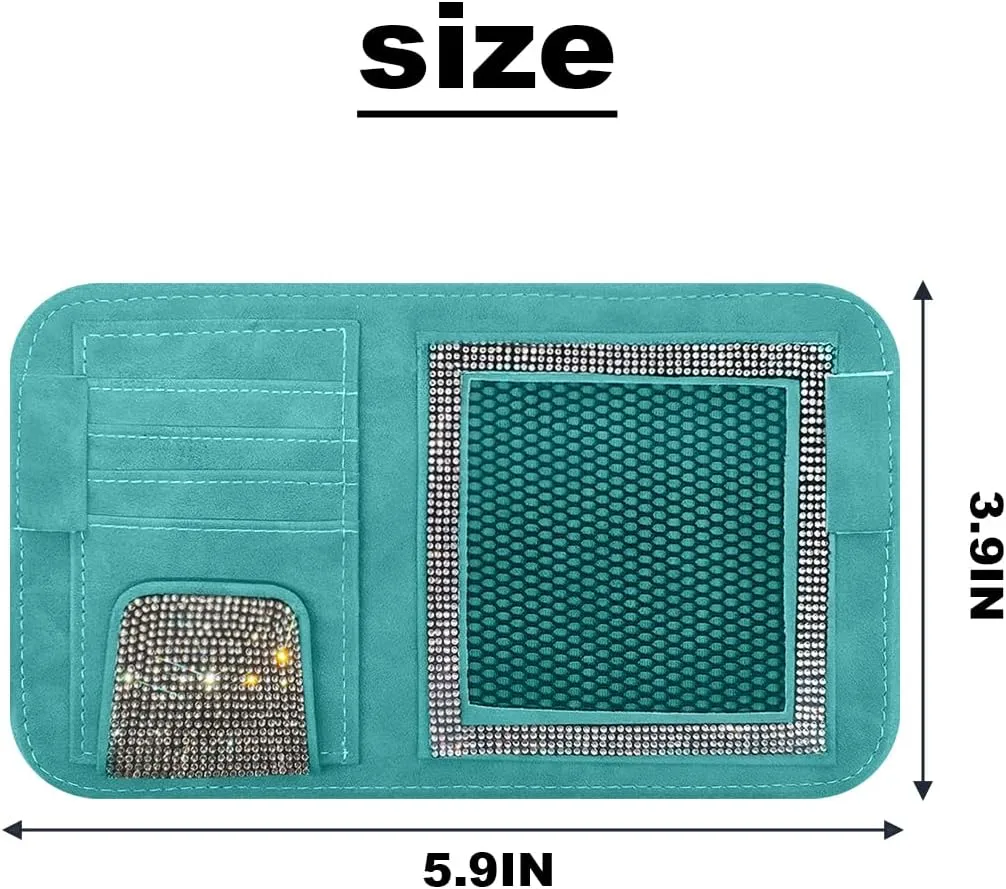 BESULEN Bling Car Sun Visor Organizer, Multi-Pocket Crystal Rhinestone Leather Vehicle Sunvisor Storage Pouch, Sparkling Diamond Auto Sunshade Eyeglasses Card Pen Holder, Universal Fit (Blue)