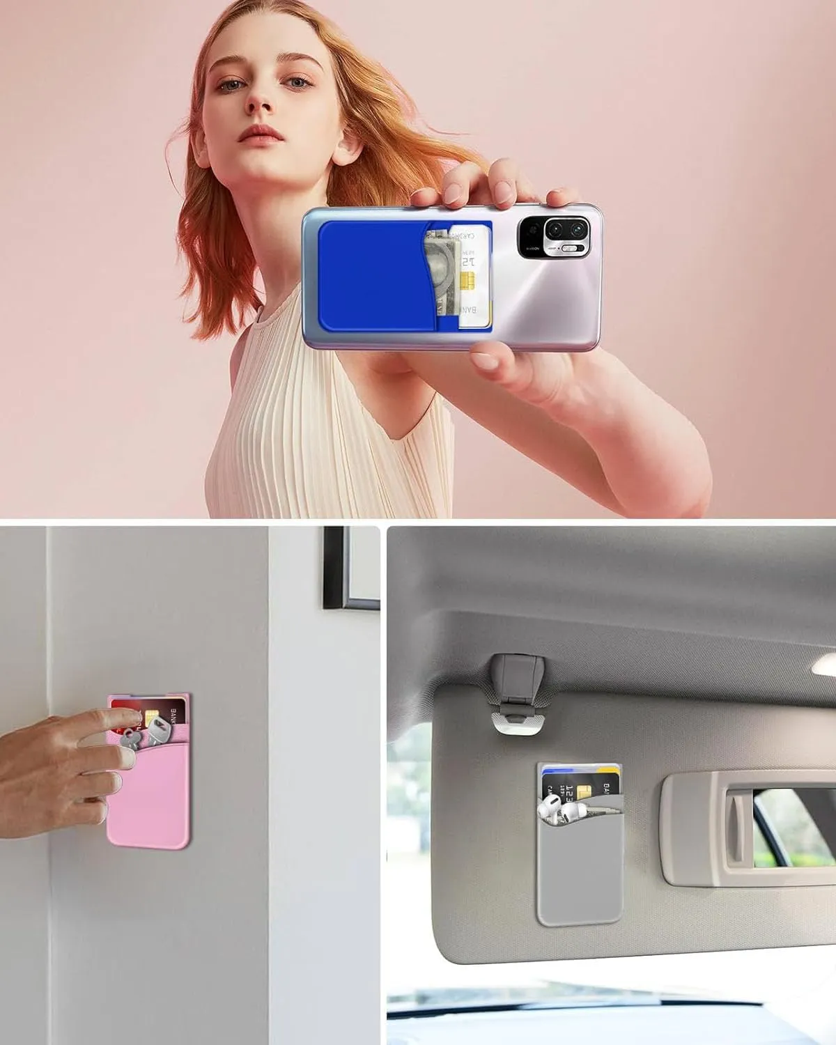 BIAJIYA Card Holder for Back of Phone, Stick-on ID Credit Adhesive Silicone Pouch Wallet Card Sleeve Pocket for All Smartphones