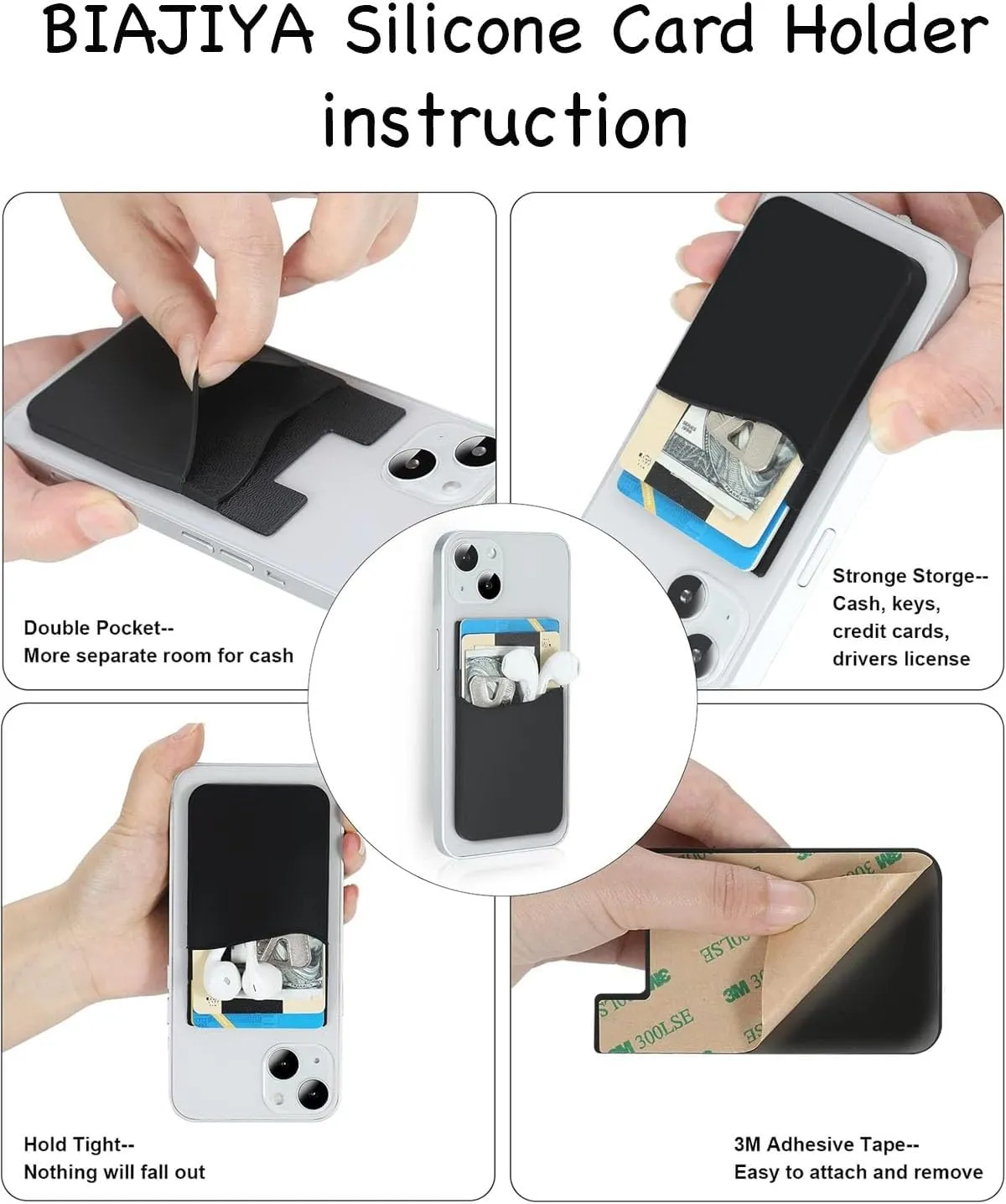 BIAJIYA Card Holder for Back of Phone, Stick-on ID Credit Adhesive Silicone Pouch Wallet Card Sleeve Pocket for All Smartphones