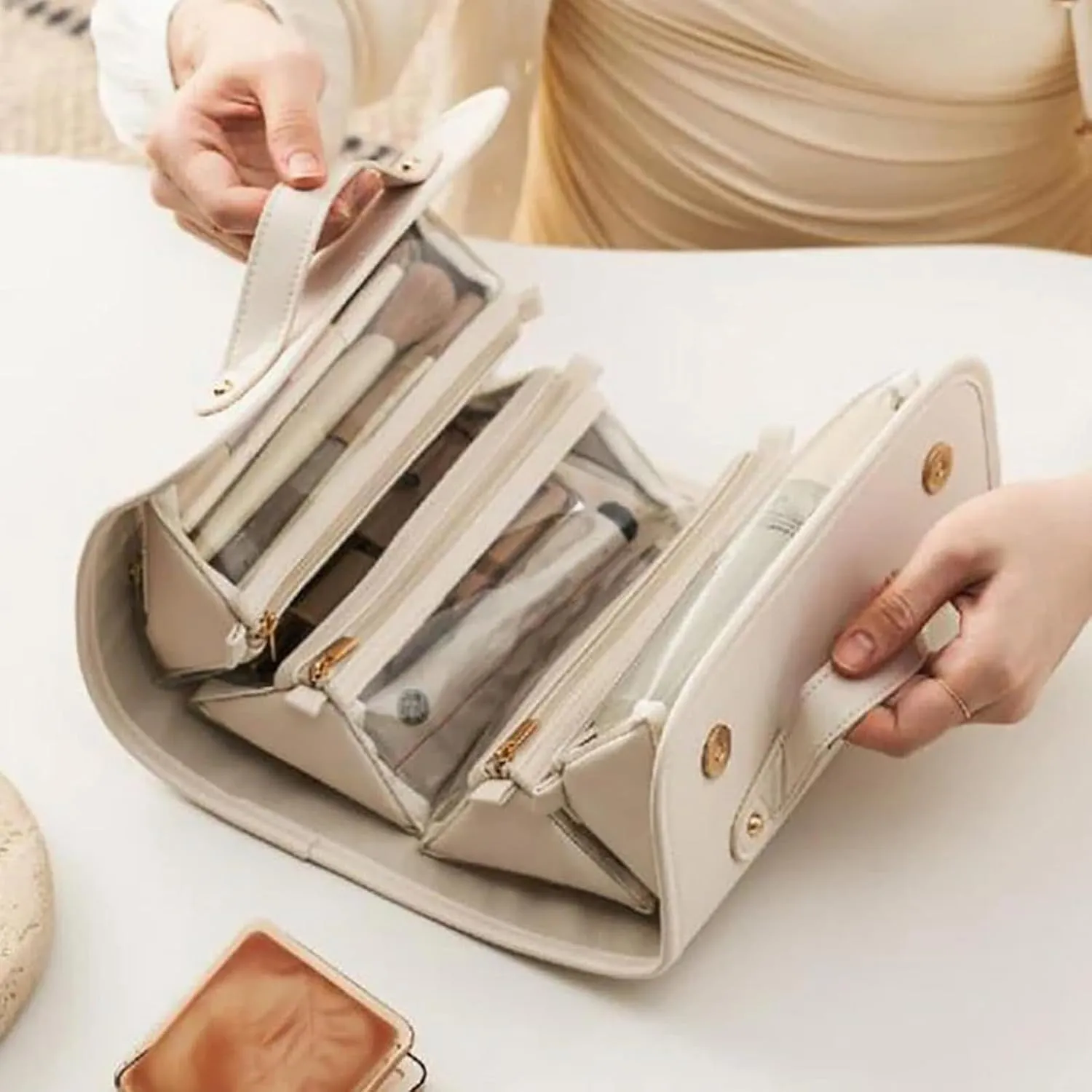 Binozinco Cosmetic Bag, Basic-Chic Makeup Bagwith Clear Divider and Handle, Leather Waterproof Cosmetic Bag, Player Travel Cosmetic Bag, Portable Hanging PU Leather Makeup with Compartment (2*E)