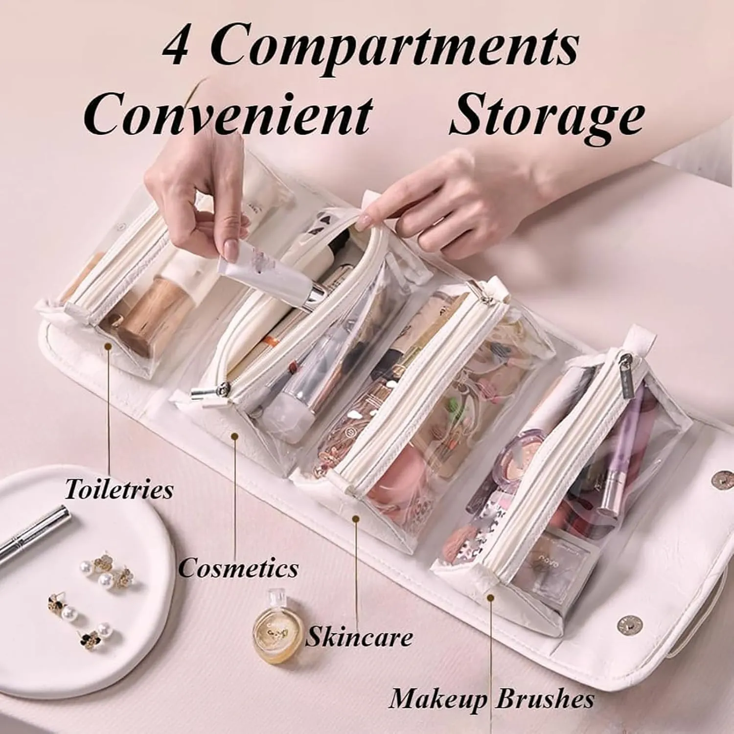 Binozinco Cosmetic Bag, Basic-Chic Makeup Bagwith Clear Divider and Handle, Leather Waterproof Cosmetic Bag, Player Travel Cosmetic Bag, Portable Hanging PU Leather Makeup with Compartment (2*E)