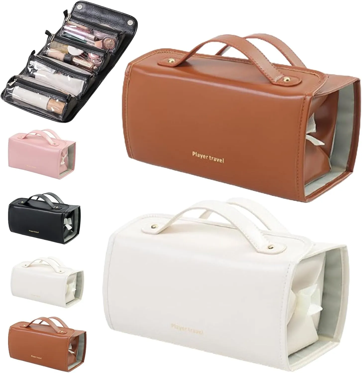 Binozinco Cosmetic Bag, Basic-Chic Makeup Bagwith Clear Divider and Handle, Leather Waterproof Cosmetic Bag, Player Travel Cosmetic Bag, Portable Hanging PU Leather Makeup with Compartment (2*E)