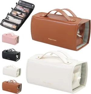 Binozinco Cosmetic Bag, Basic-Chic Makeup Bagwith Clear Divider and Handle, Leather Waterproof Cosmetic Bag, Player Travel Cosmetic Bag, Portable Hanging PU Leather Makeup with Compartment (2*E)
