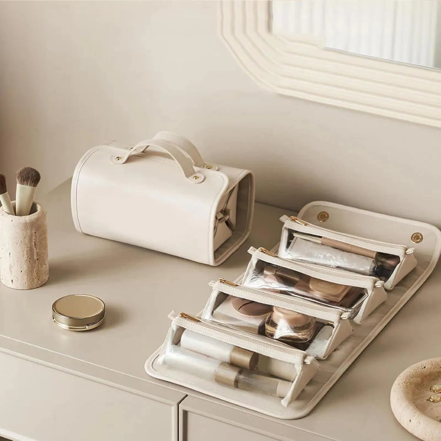 Binozinco Cosmetic Bag, Basic-Chic Makeup Bagwith Clear Divider and Handle, Leather Waterproof Cosmetic Bag, Player Travel Cosmetic Bag, Portable Hanging PU Leather Makeup with Compartment (2*E)