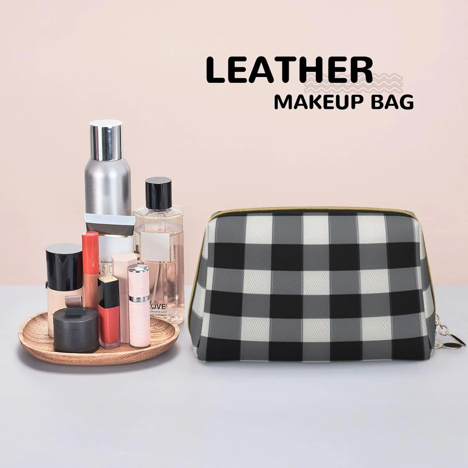 Black White Plaid Leather Toiletry Organizer Bag, Travel-Friendly Makeup Pouch For Women