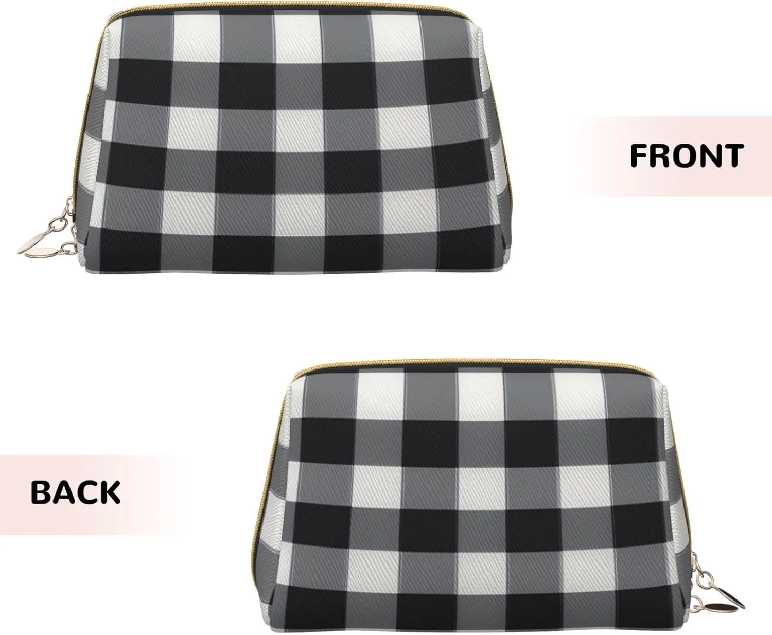 Black White Plaid Leather Toiletry Organizer Bag, Travel-Friendly Makeup Pouch For Women