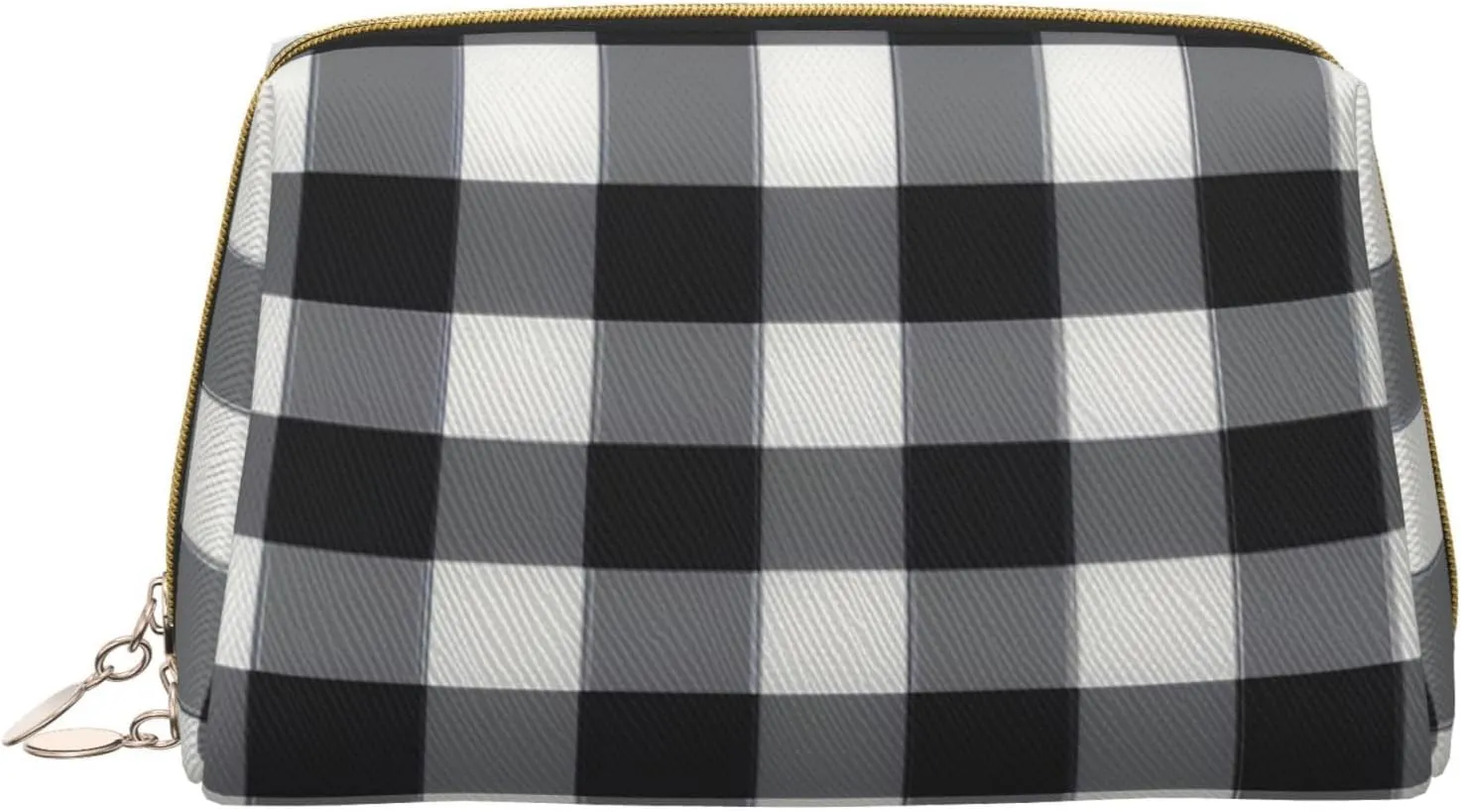 Black White Plaid Leather Toiletry Organizer Bag, Travel-Friendly Makeup Pouch For Women