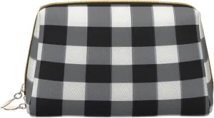 Black White Plaid Leather Toiletry Organizer Bag, Travel-Friendly Makeup Pouch For Women