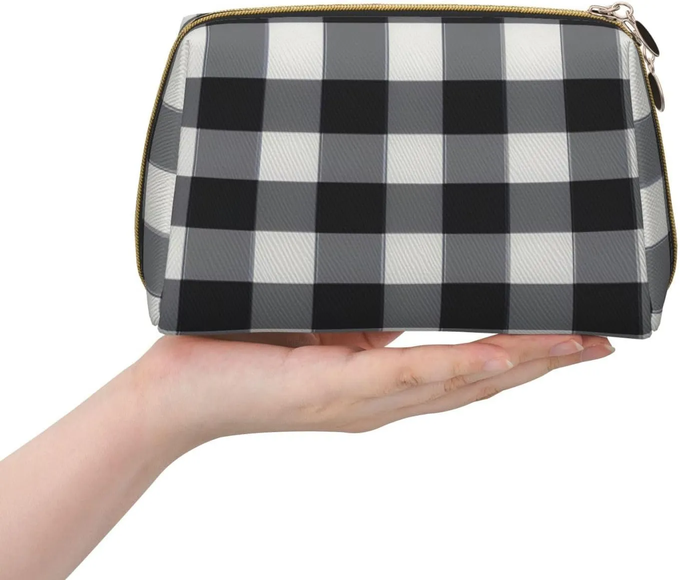 Black White Plaid Leather Toiletry Organizer Bag, Travel-Friendly Makeup Pouch For Women