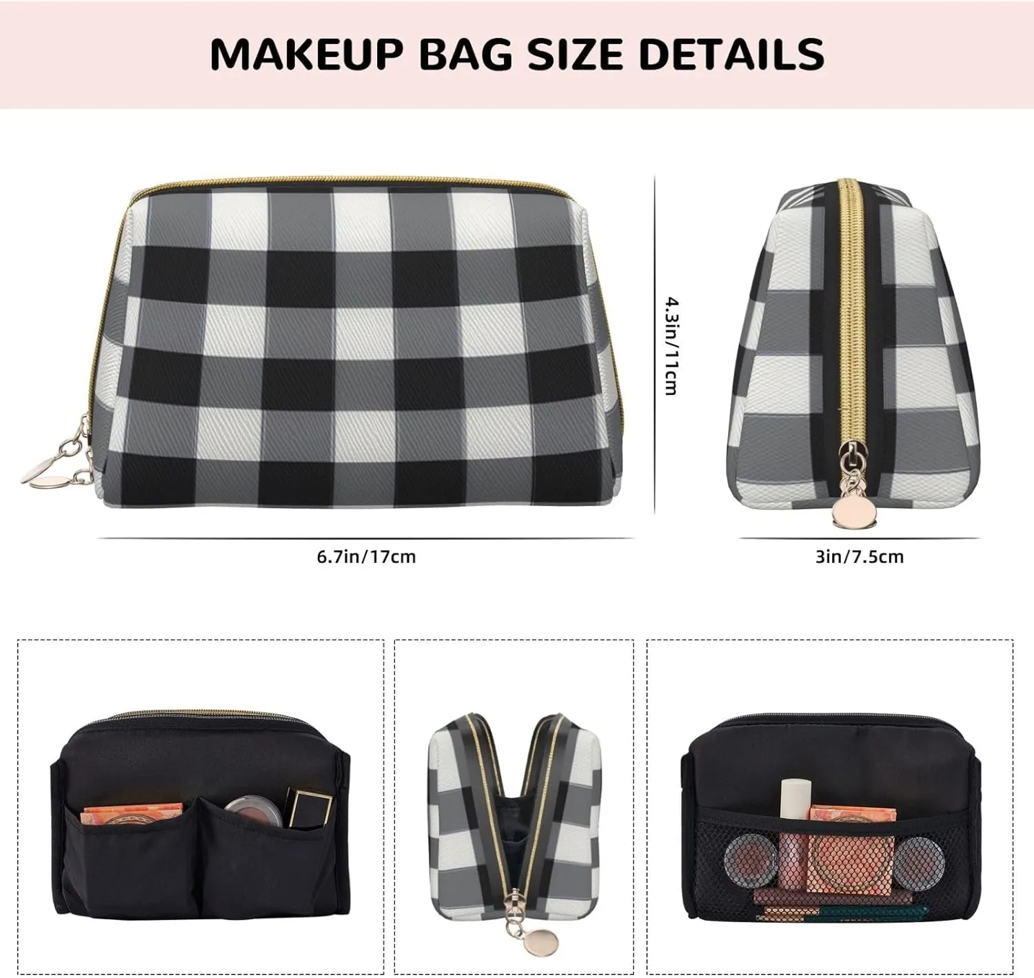 Black White Plaid Leather Toiletry Organizer Bag, Travel-Friendly Makeup Pouch For Women