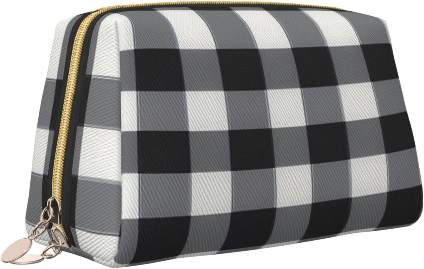 Black White Plaid Leather Toiletry Organizer Bag, Travel-Friendly Makeup Pouch For Women