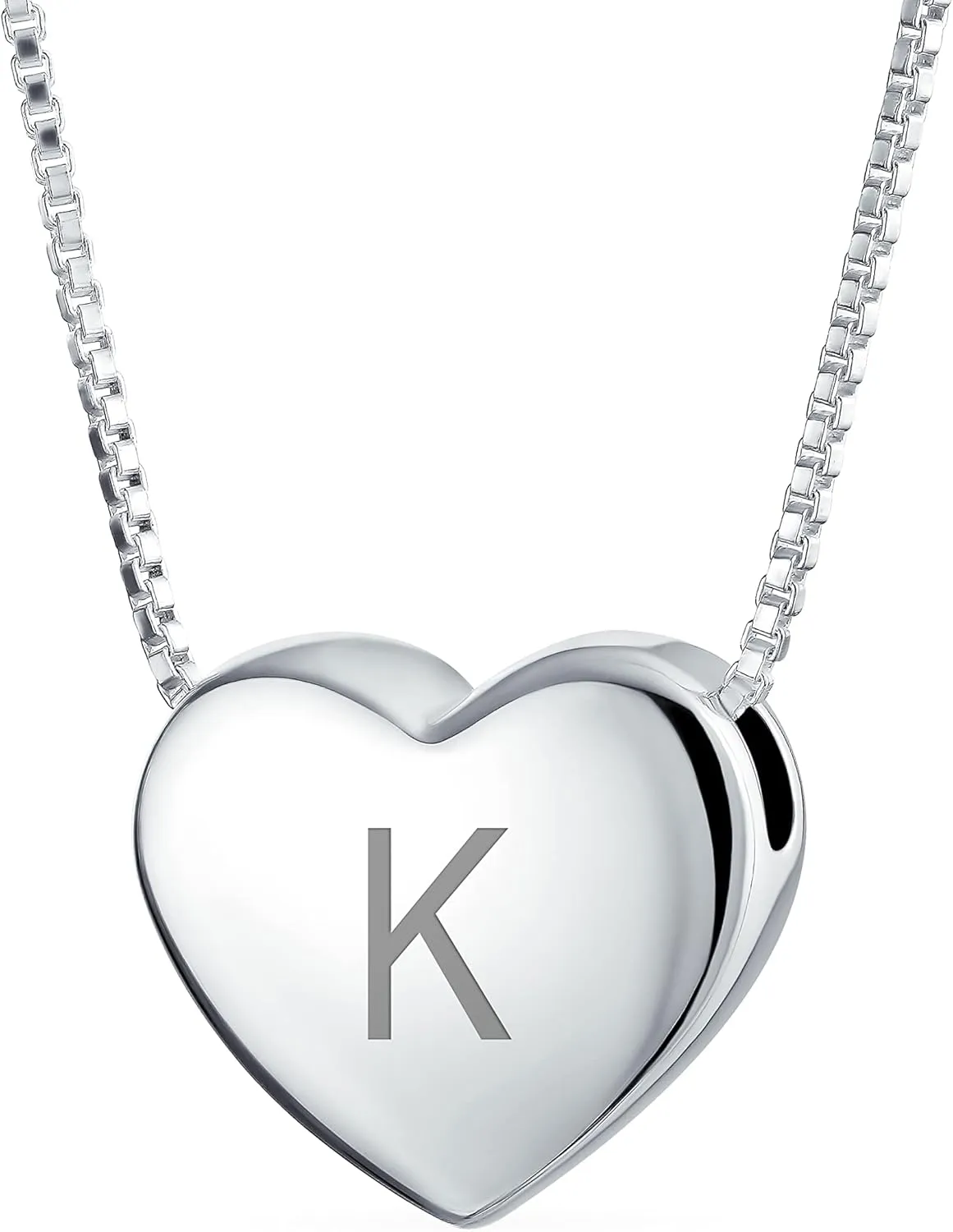 Bling Jewelry Personalized Plain Simple Engravable Alphabet A-AZ Initial Monogram Heart Pendant Necklace Slide Pendant For Women For Girlfriend Polished .925 Sterling Silver Customizable
