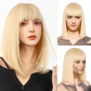 Blonde Bob Wig with Bangs Short Blonde Straight Wigs for Women Natural Looking Heat Resistant Synthetic wigs for Grils Daily Party Halloween Cosplay Use 13inch