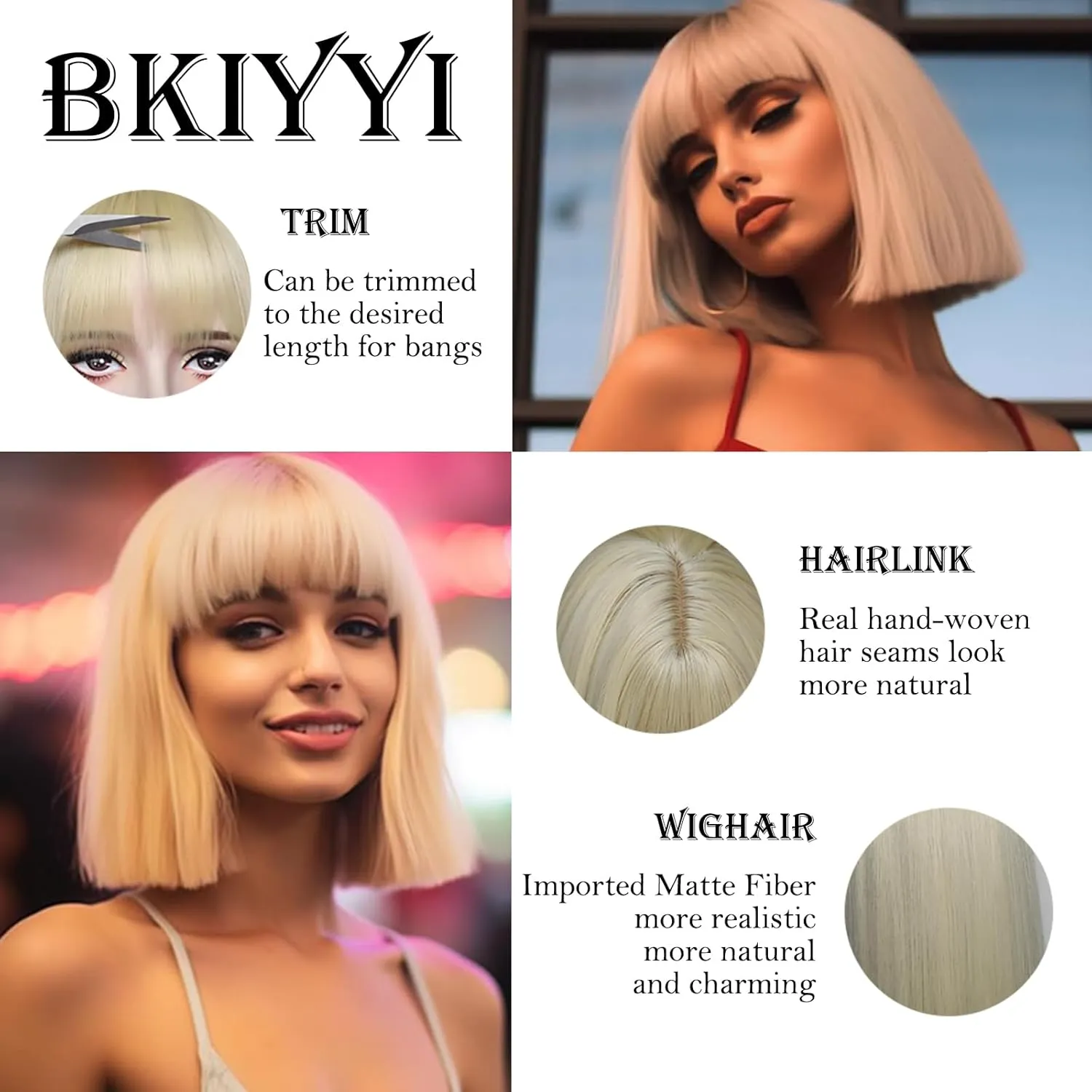 Blonde Bob Wig with Bangs Short Blonde Straight Wigs for Women Natural Looking Heat Resistant Synthetic wigs for Grils Daily Party Halloween Cosplay Use 13inch