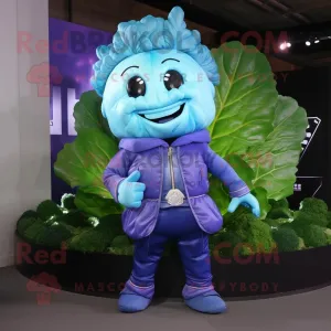 Blue Cabbage mascot costume character dressed with a Leather Jacket and Keychains