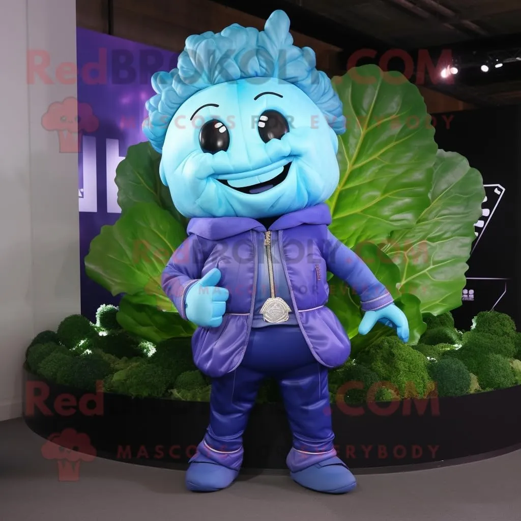 Blue Cabbage mascot costume character dressed with a Leather Jacket and Keychains