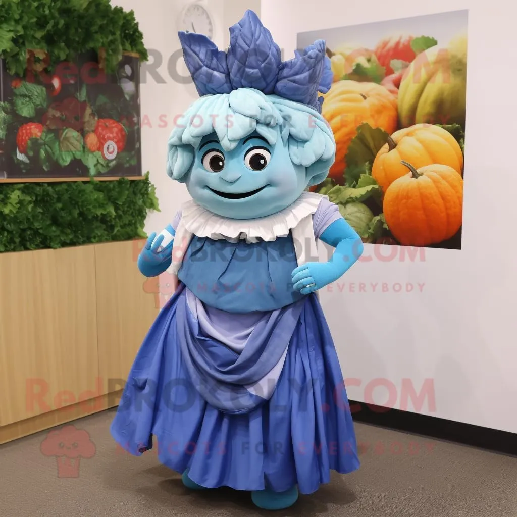 Blue Cabbage mascot costume character dressed with a Wrap Skirt and Belts, Large