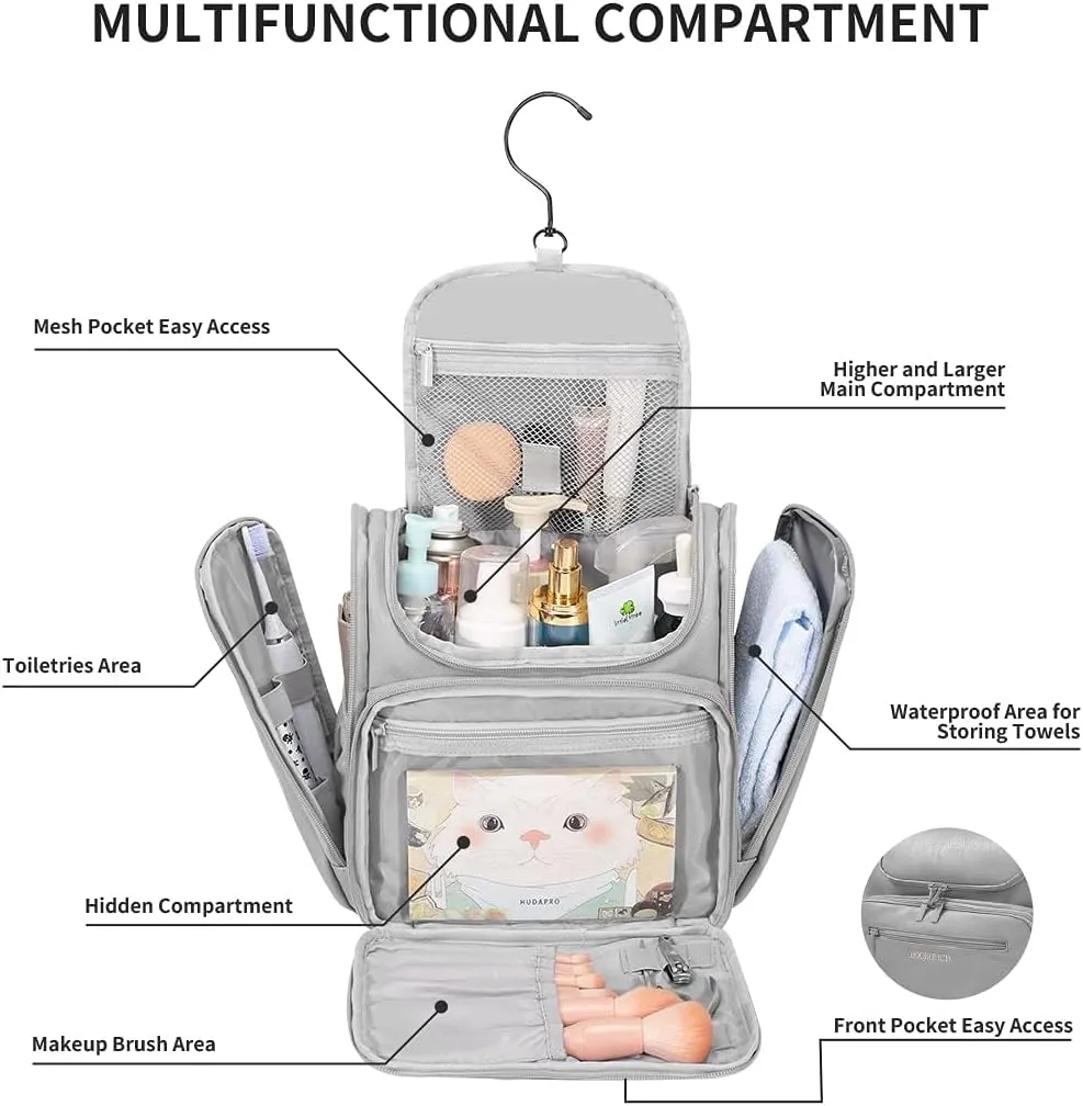 BOOMRICH Large Toiletry Bag for Women, Hanging Leather Travel Makeup Bag with 360° Hook and Shoulder Strap, Travel Organizer for Full Sized Container, Toiletries, Brushes (Grey)