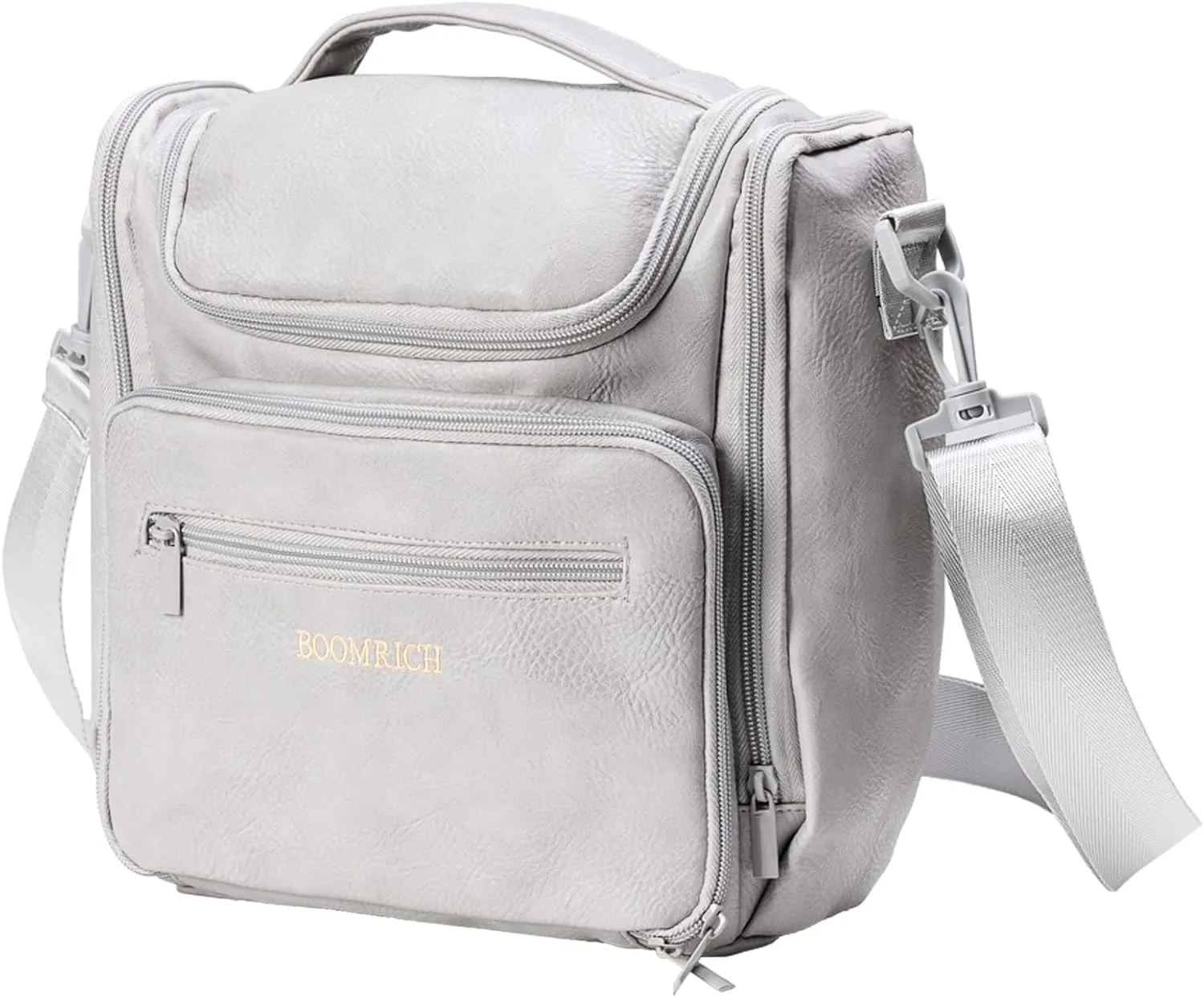 BOOMRICH Large Toiletry Bag for Women, Hanging Leather Travel Makeup Bag with 360° Hook and Shoulder Strap, Travel Organizer for Full Sized Container, Toiletries, Brushes (Grey)