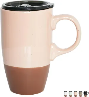 Bosmarlin Ceramic Travel Coffee Mug with Handle and Lid, 18 oz, Portable Coffee Cup for Car Cup Holder, Microwave and Dishwasher Safe (Pink)