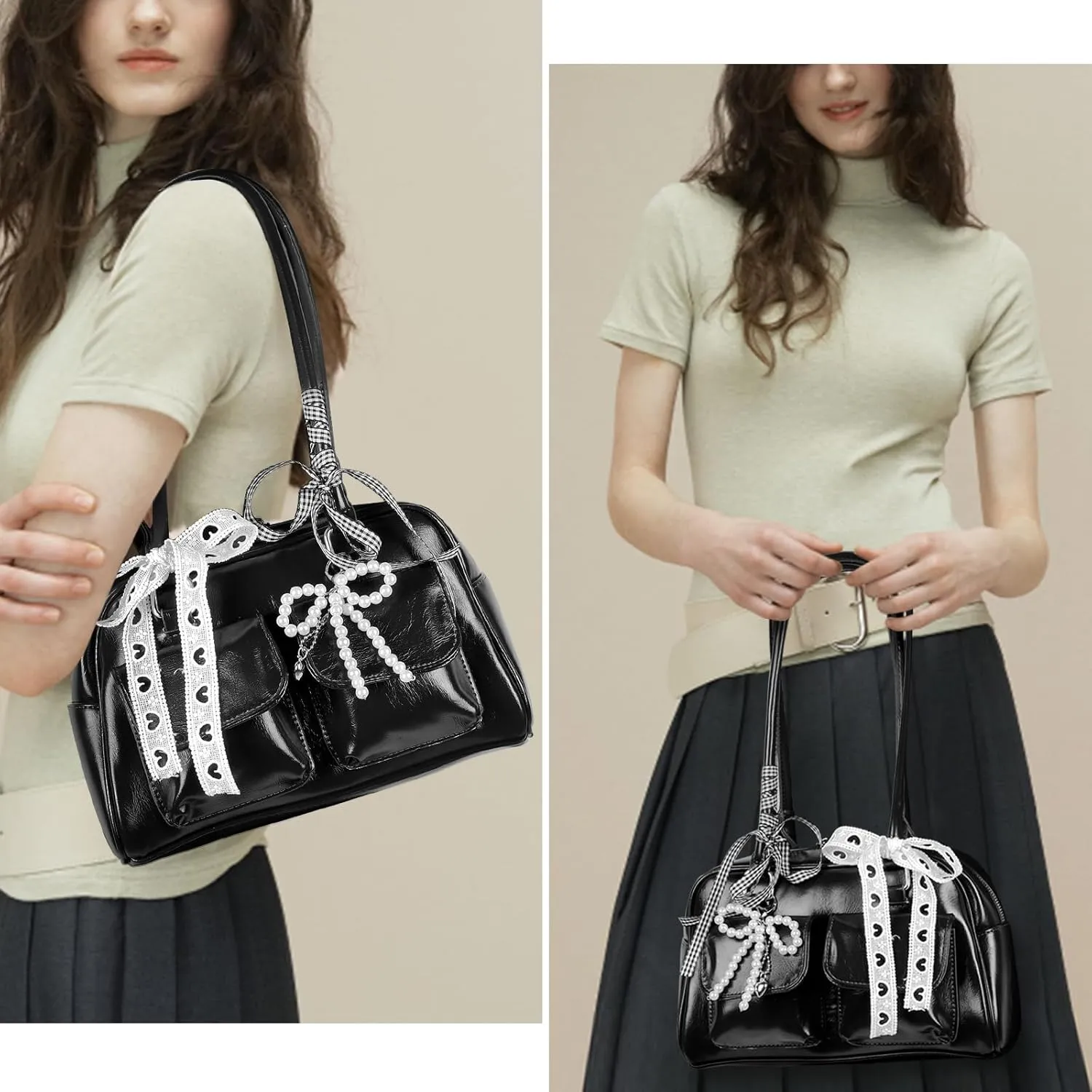 Bow Purse Cute Ita Bag Aesthetic Japanese Shoulder Bag Y2K Purse Leather Tote Bag Satchel Handbag Purse